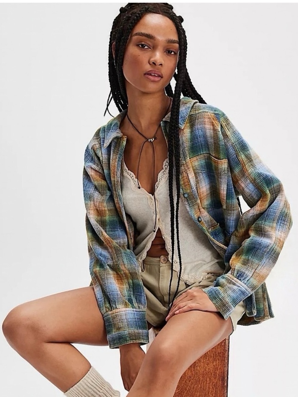 NWT Free People We the Free Cozy in Plaid Shirt Ocean Combo Size Small